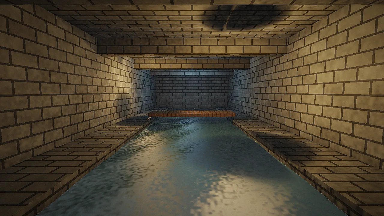 Flooded stone cistern with reflective water rendered in vkQuake