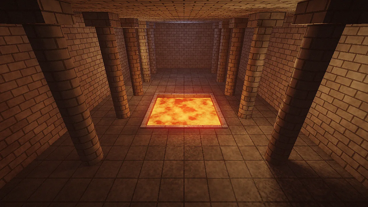 Overhead view of a lava pit hall with stone columns rendered at high frame rate in vkQuake