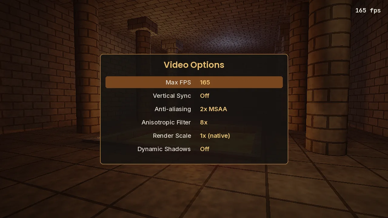 vkQuake Video Options menu with Max FPS set to 165 and an on-screen frame counter
