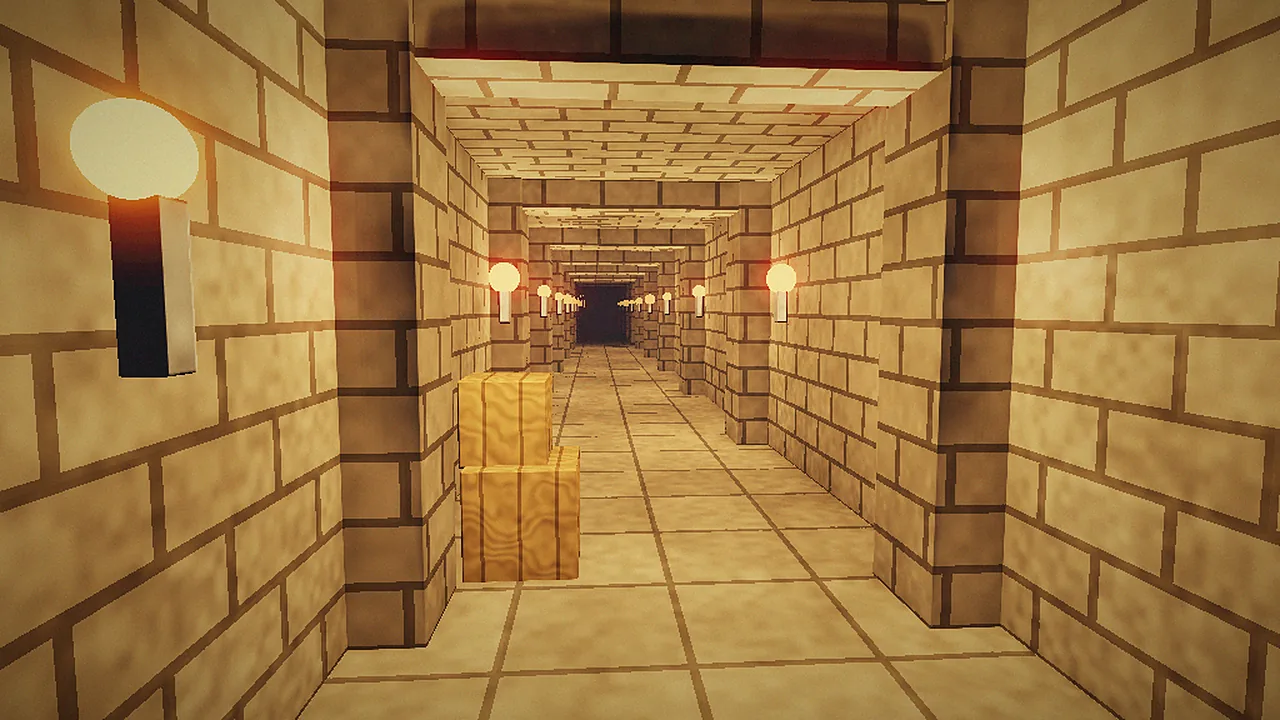 Torch on a stone pillar in a long Quake corridor rendered by vkQuake