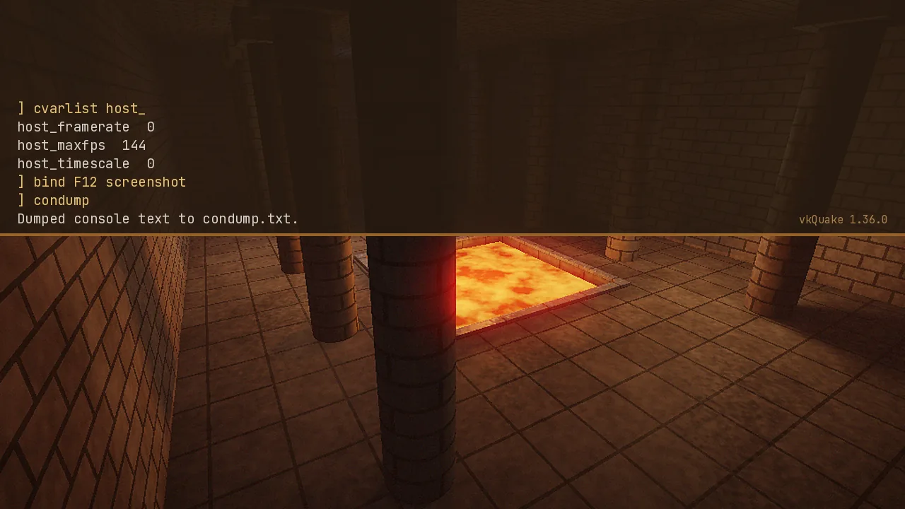 vkQuake drop-down console listing host_ variables and a screenshot key bind over a lava hall