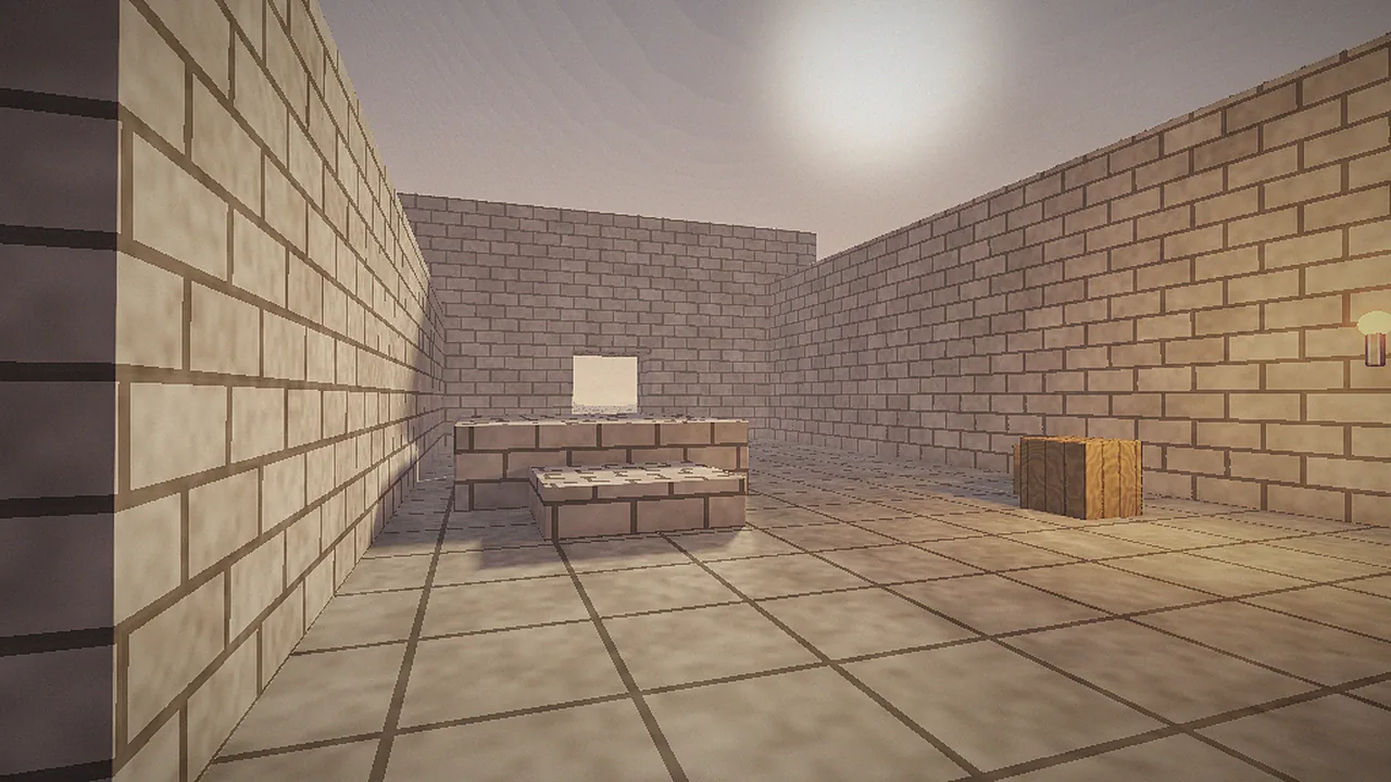Sunset courtyard with stone walls and a raised platform from a custom Quake map in vkQuake