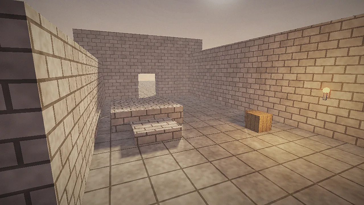 Sunlit stone courtyard with crates and an archway rendered by vkQuake on Linux