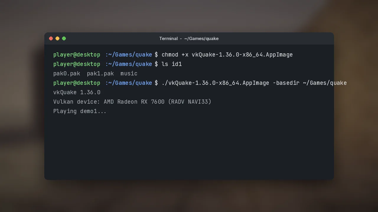Linux terminal running chmod and launching the vkQuake AppImage with a Quake base directory