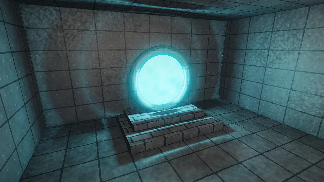Glowing slipgate portal on a stone dais, the gateway to Quake’s episodes, rendered in vkQuake