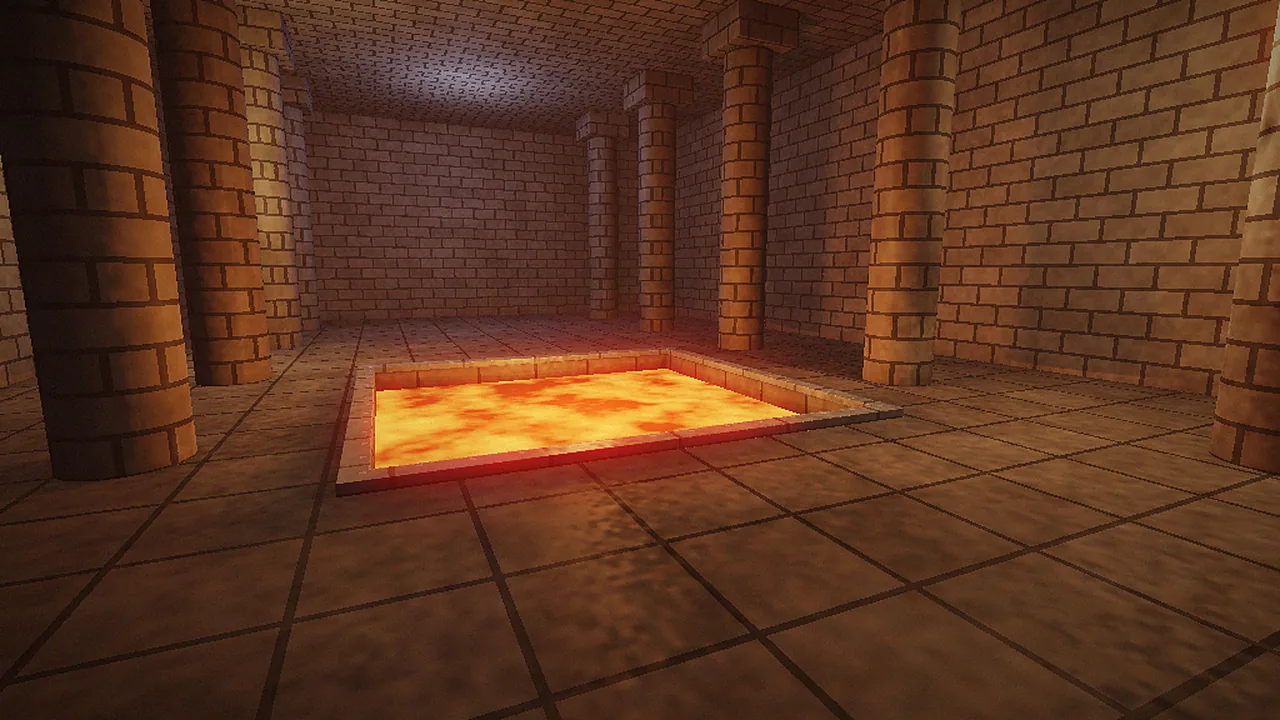 Lava pit hall with stone columns lit by dynamic lights in vkQuake running Quake re-release content