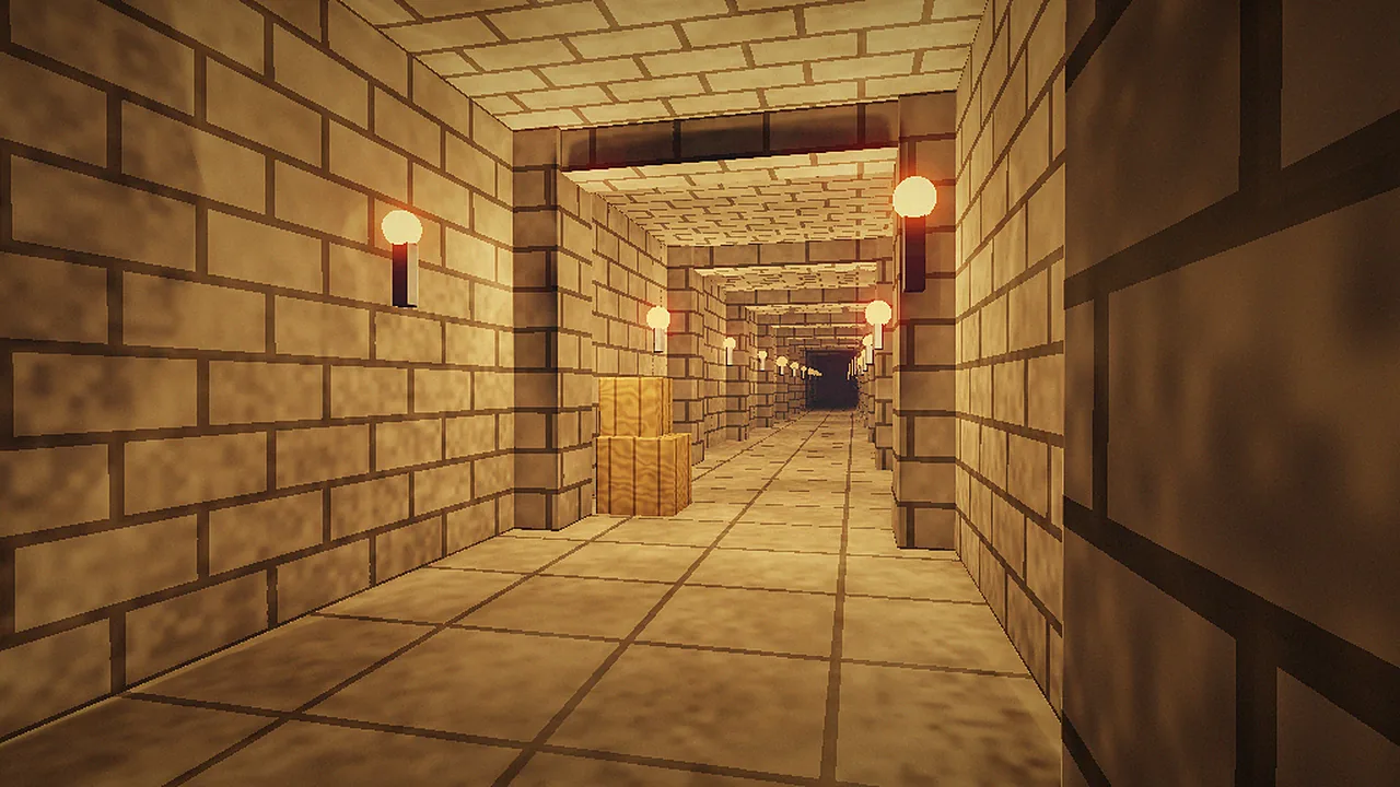Long stone corridor with wall torches and a wooden crate rendered in a Quake source port