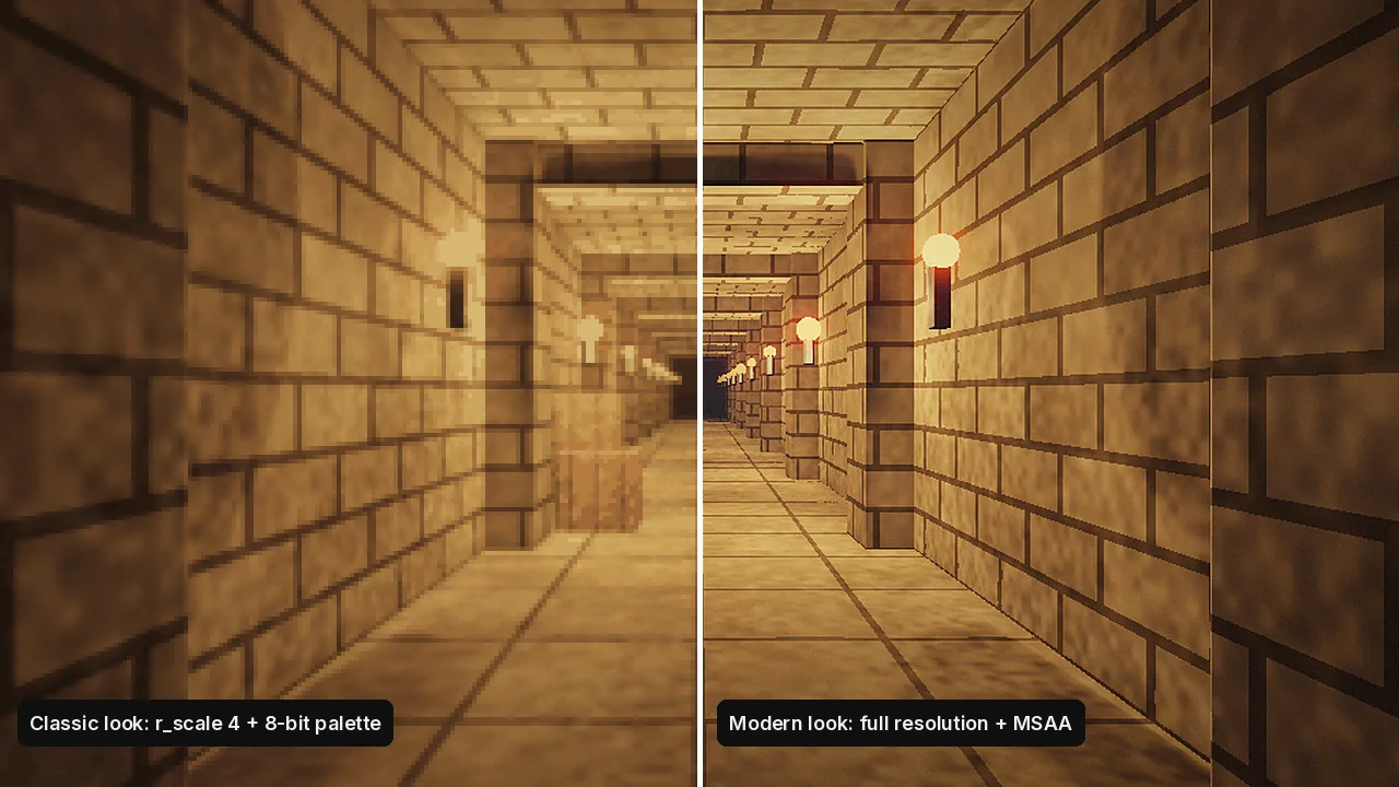 Split-screen comparison of the same Quake corridor with a classic pixelated 8-bit look and a modern full-resolution look