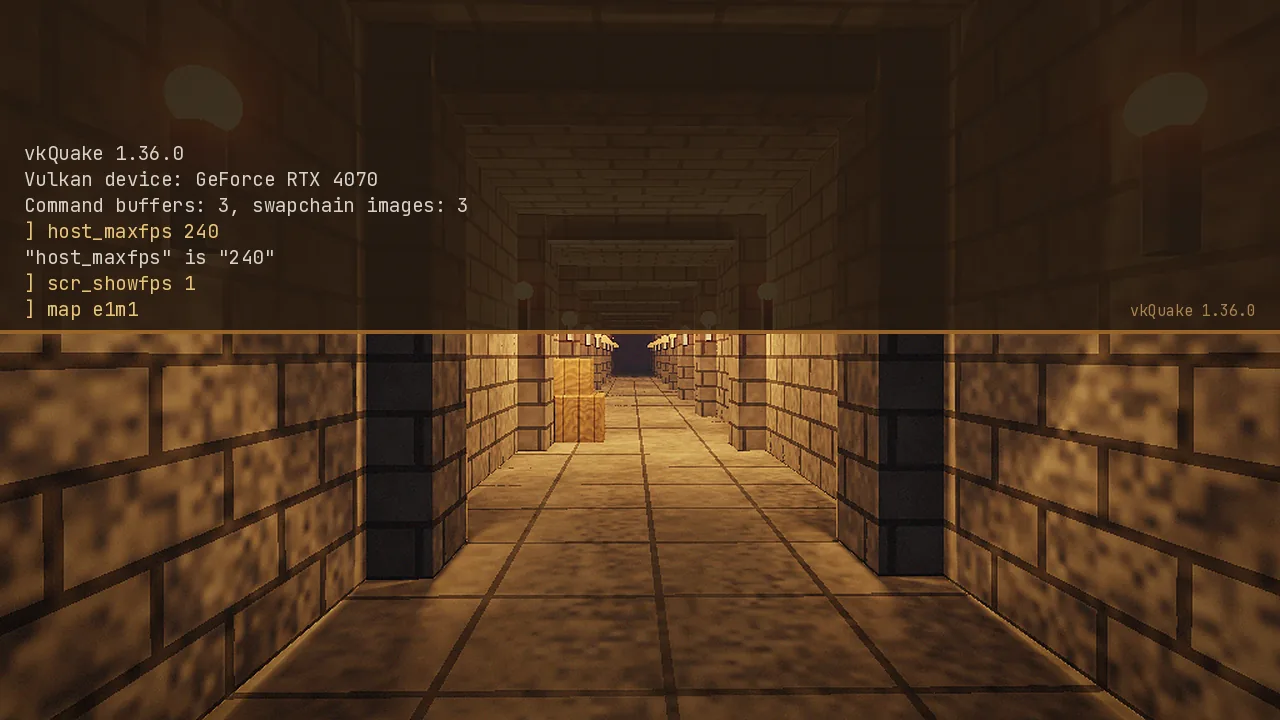 Developer console vkQuake drop-down console showing the Vulkan device and host_maxfps command