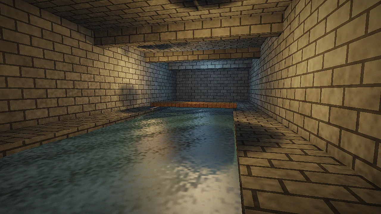 Flooded cistern Flooded stone cistern with reflective water and a wooden bridge