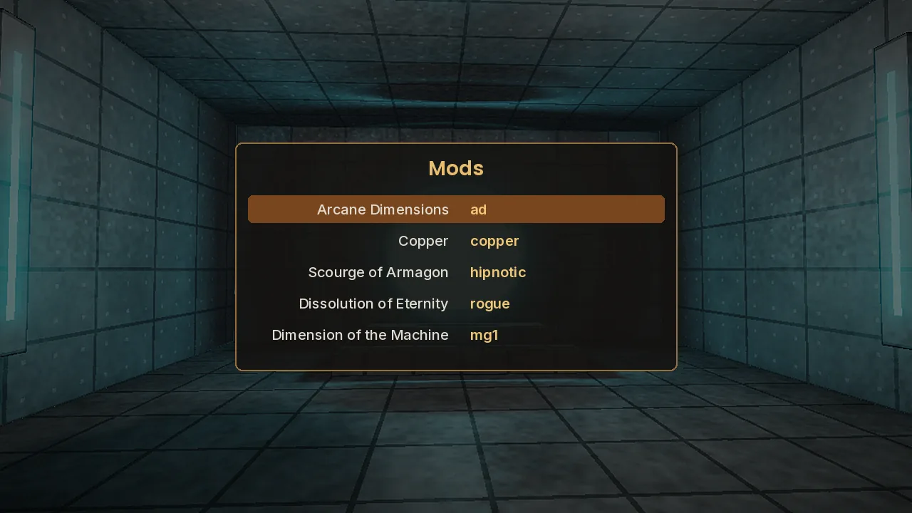 Mods menu vkQuake Mods menu listing Arcane Dimensions, Copper and the official expansions