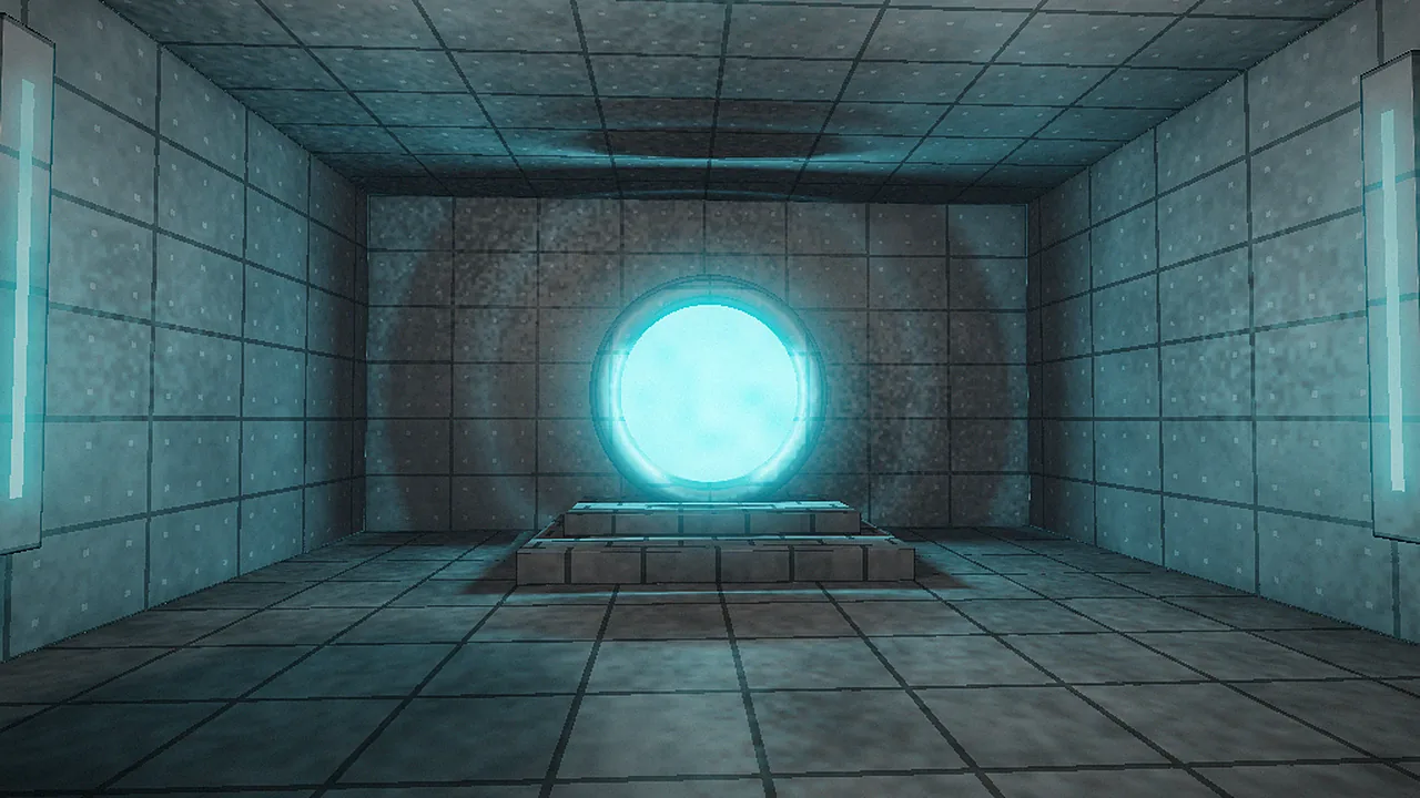 Slipgate chamber Teal slipgate portal on a stone dais in a metal-panelled room