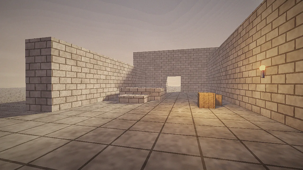 Sunset courtyard Open stone courtyard under a dusk sky with crates and an archway