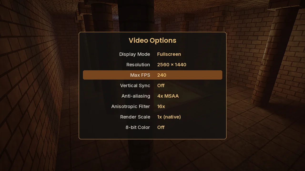 Video options menu vkQuake Video Options menu showing resolution, max FPS, MSAA and 8-bit color