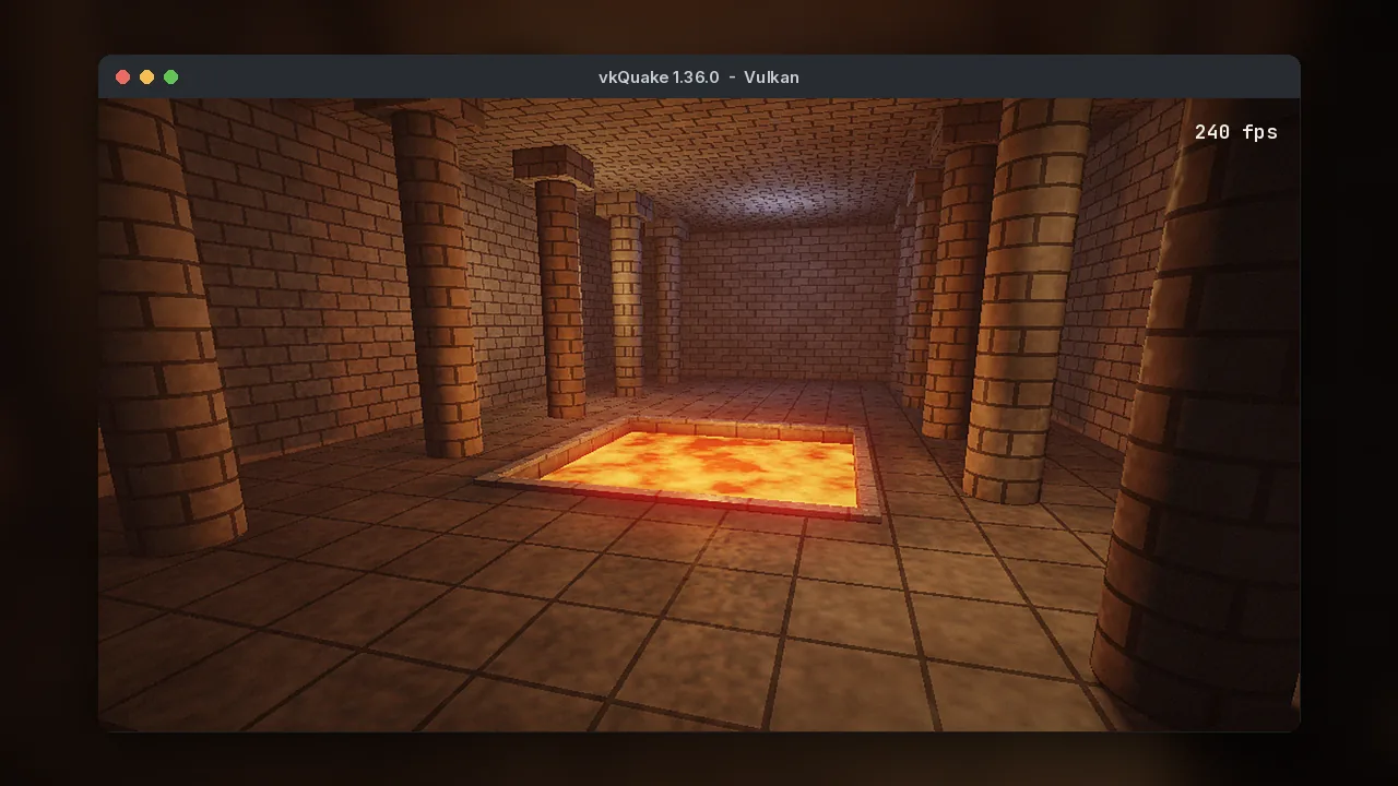 vkQuake 1.36.0 running a lava-lit stone hall in a window at 240 FPS